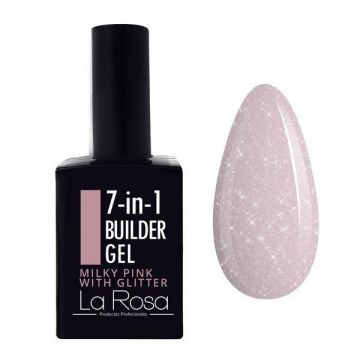 Gel de construcție autonivelantă pentru unghii 7&icirc;n1 La Rosa Profesionales, milky pink with glitter 15 ml