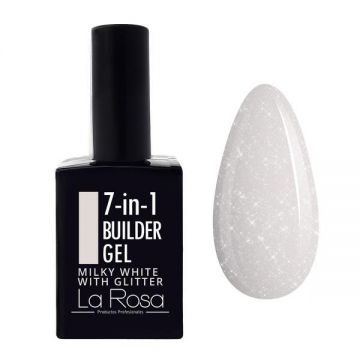 Gel de construcție autonivelantă pentru unghii 7&icirc;n1 La Rosa Profesionales, milky white with glitter 15 ml