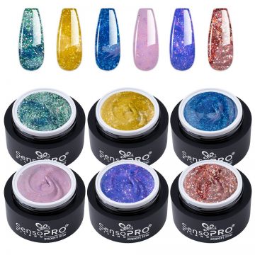 Set 6 Geluri UV Colorate Glitter Glow, SensoPRO Milano